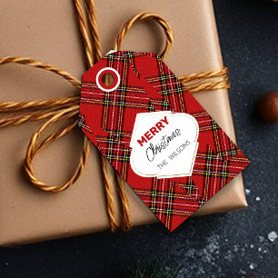 Artistic Merry Christmas Tartan Burgundy Gift Tags
