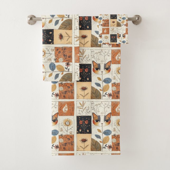 Artistic Mid-Century Modern Cute Cats Bath Towel Set (Insitu)