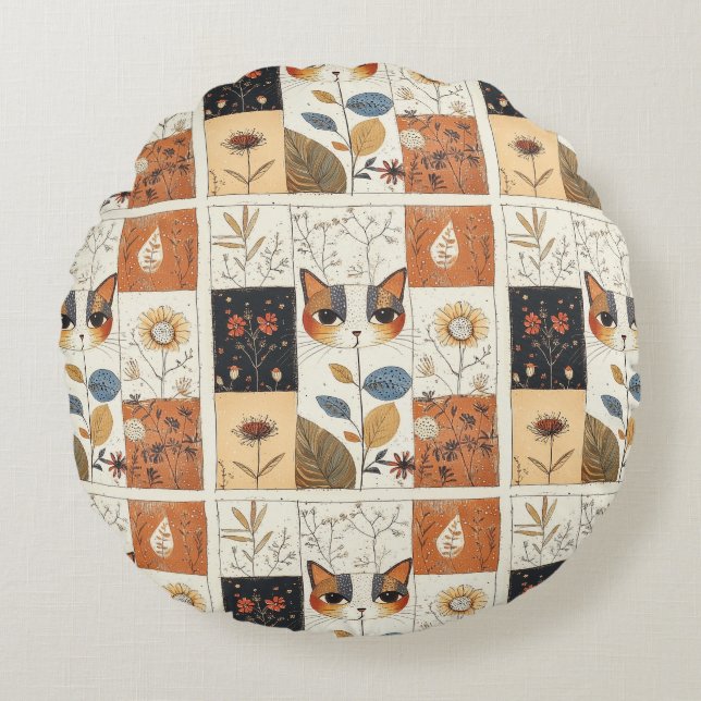 Artistic Mid-Century Modern Cute Cats Round Cushion (Front)