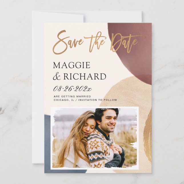 Artistic Modern Abstract Shape Gold Brush Photo Save The Date (Front)