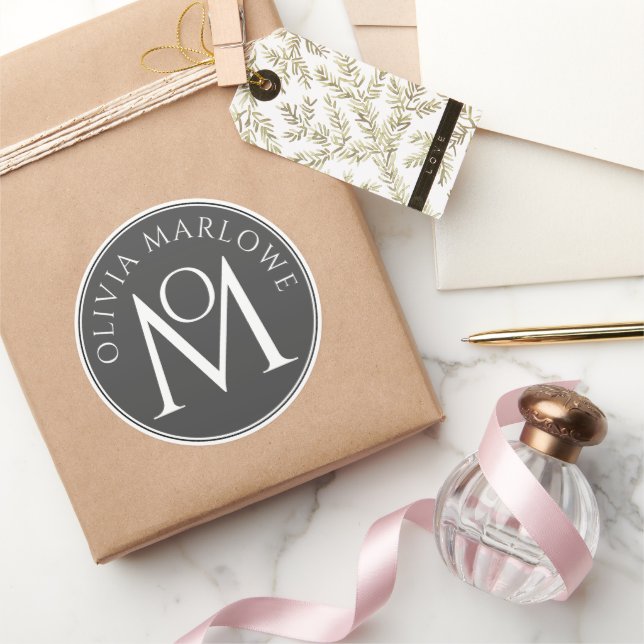 Artistic Monogram Personal Name Logo Black White Classic Round Sticker (Gifting)