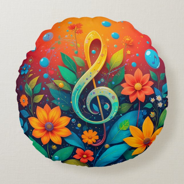 Artistic Musical Note Surrounded By Colourful Flow Round Cushion (Front)