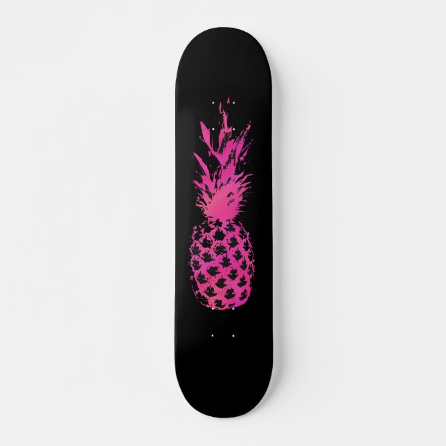 Artistic neon pink and black watercolor pineapple skateboard (Front)