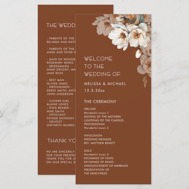 Artistic Neutral Flowers Terracotta Wedding Programme (Front/Back)