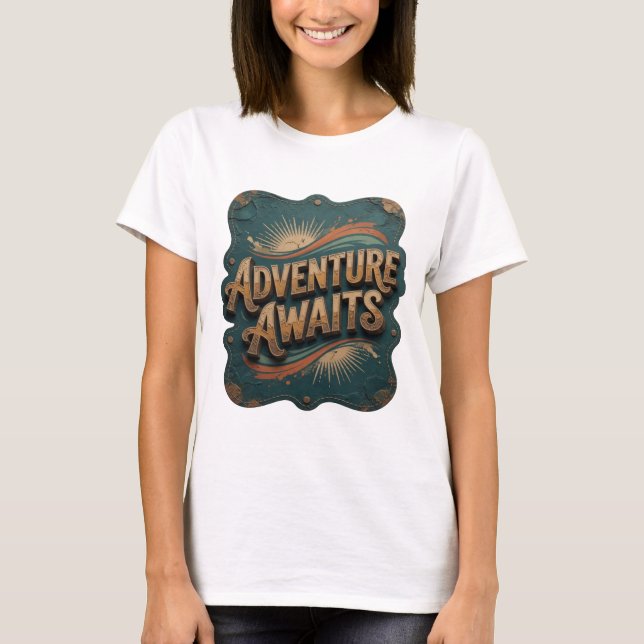 Artistic Orange ADVENTURE AWAITS 3D Text Art T-Shirt (Front)