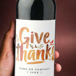 Artistic Orange GiveThanks Autumn Brush Script Wine Label