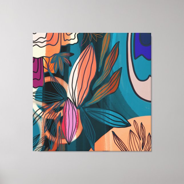Artistic Orange Pink Navy Botanical Leaves Doodle Canvas Print (Front)
