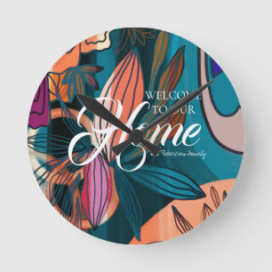 Artistic Orange Pink Navy Botanical Leaves Welcome Round Clock