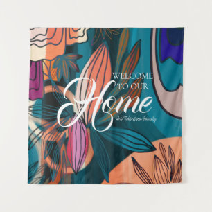 Artistic Orange Pink Navy Botanical Leaves Welcome Tapestry