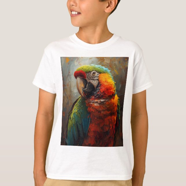 Artistic Parrot Portrait – Vibrant Oil Painting T-Shirt (Front)