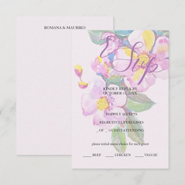 Artistic Peach Flowers Watercolor Art RSVP Card (Front/Back)
