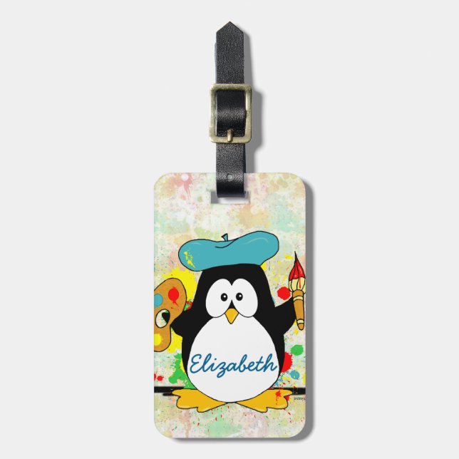 Artistic Penguin Painter Personalise Luggage Tag (Front Vertical)