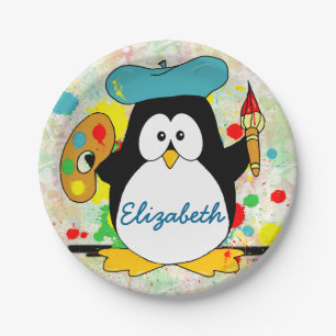 Artistic Penguin Painter Personalise Paper Plate