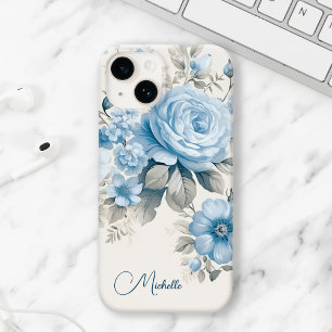 Artistic Personalised Light Pastel Blue Roses iPhone 14 Case
