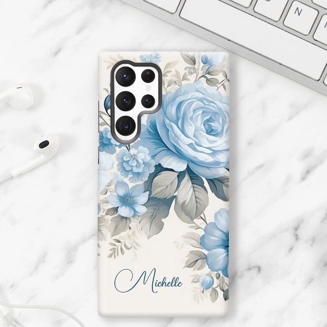 Artistic Personalised Light Pastel Blue Roses Samsung Galaxy S22 Ultra Case (Creator Uploaded)