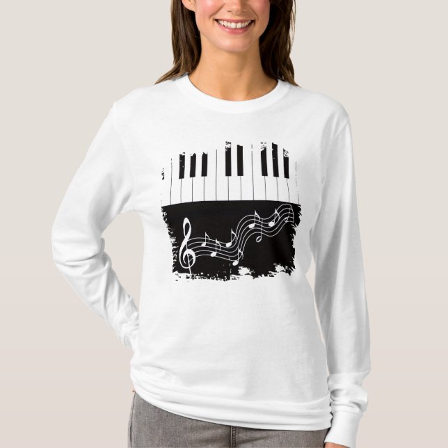 Artistic Piano Keys Treble Clef Musical Notes T-Shirt (Front)