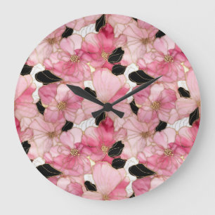 Artistic Pink Blooms Black Ink Abstract Large Clock