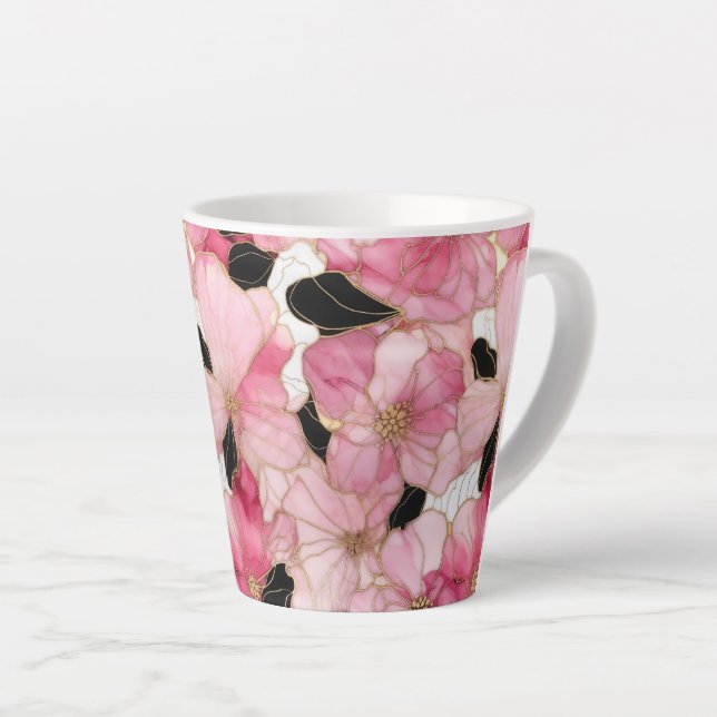 Artistic Pink Blooms Black Ink Abstract Latte Mug (Right Angle)