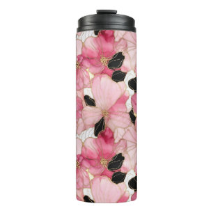 Artistic Pink Blooms Black Ink Abstract Thermal Tumbler