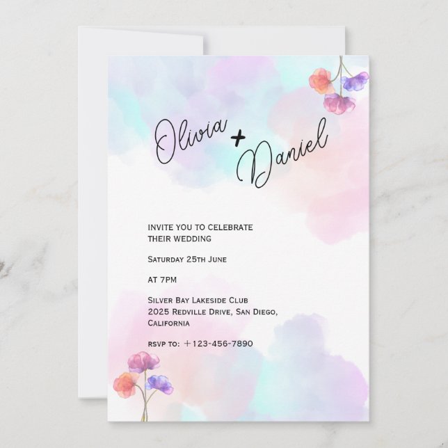 Artistic Pink & Blue Wedding Invitations (Front)