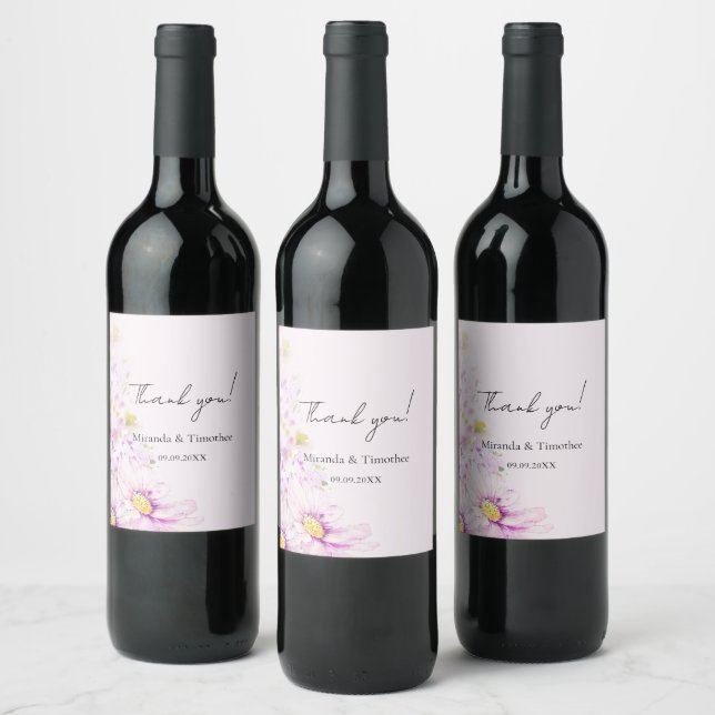 Artistic Pink Daisy Floral Boho Garden Wine Label (Bottles)