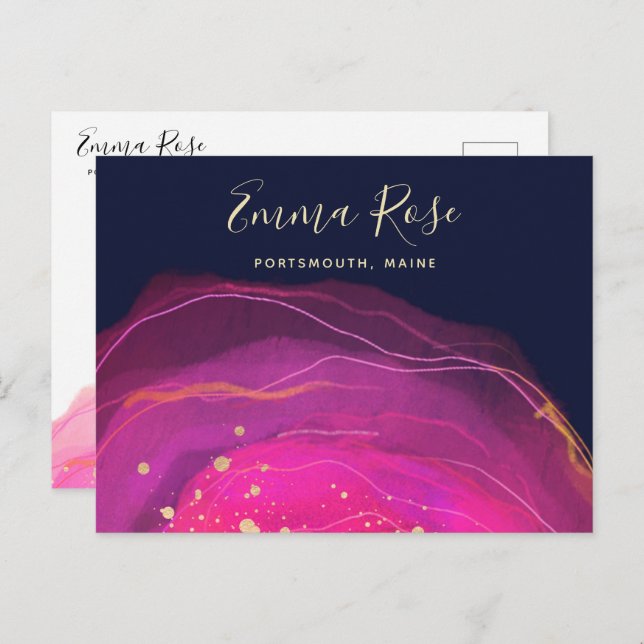 Artistic Pink Navy Watercolor Gold Splatter  Postcard (Front/Back)