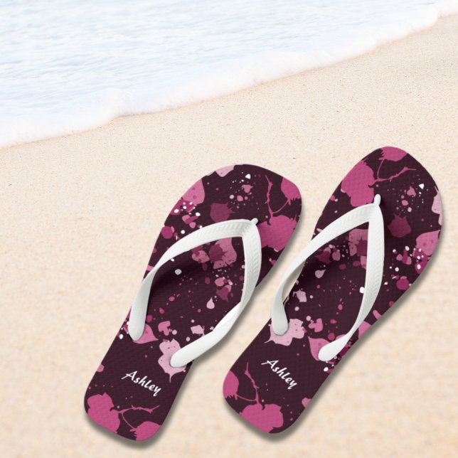 Artistic Pink Paint Splatter Name  Jandals (Artistic Pink Paint Splatter Name Flip Flops)