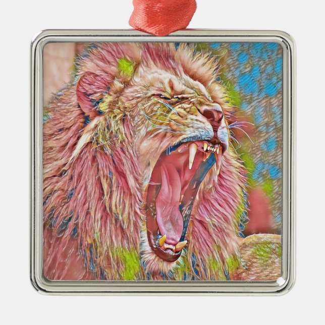 Artistic pink roaring lion metal tree decoration (Front)