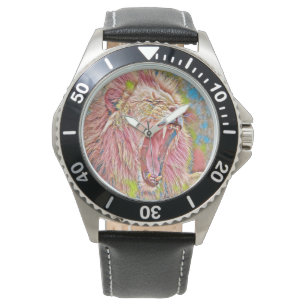 Artistic pink roaring lion watch