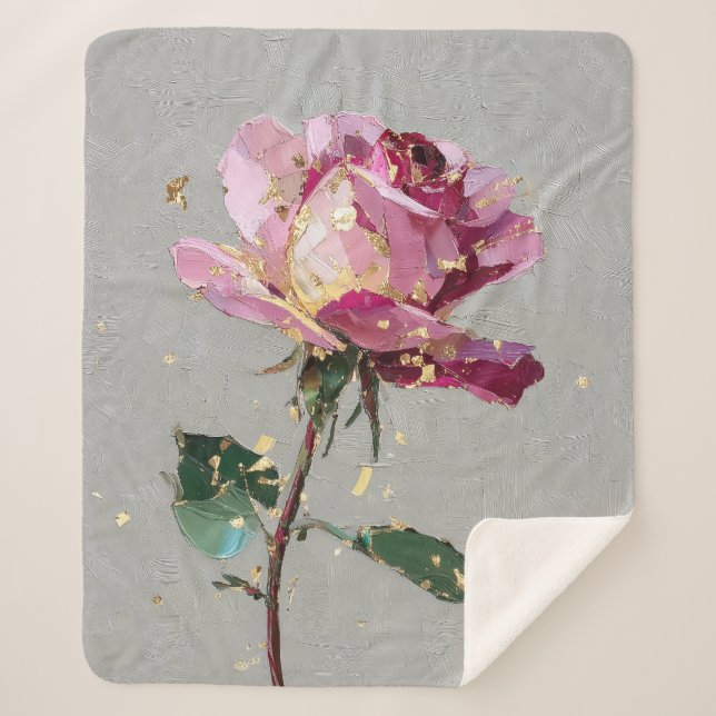 Artistic Pink Rose & Gold Leaf Sherpa Blanket (Front)