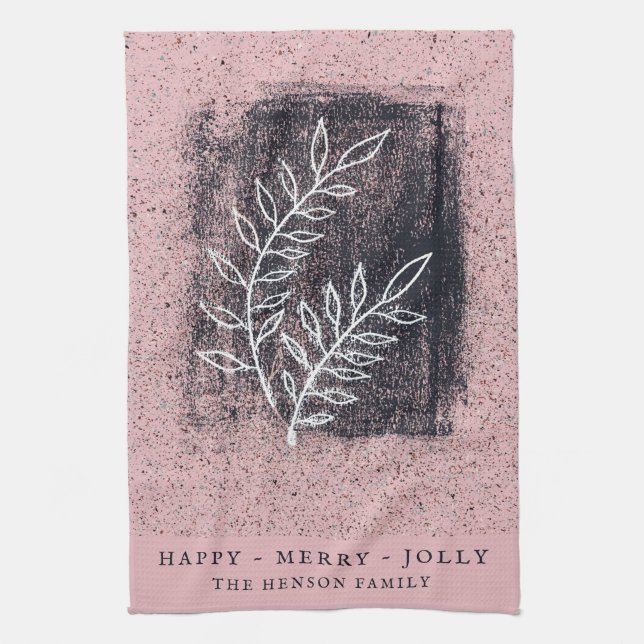 Artistic Pink White Twig Family Christmas Tea Towel (Vertical)