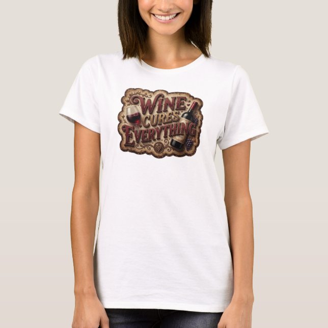 Artistic Pink WINE CURES EVERYTHING 3D Text Art T-Shirt (Front)