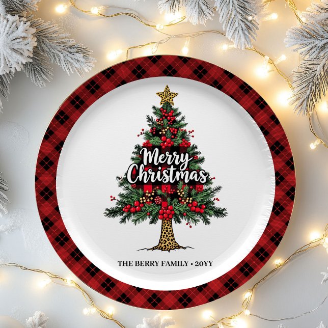Artistic Plaid Tree Holiday Custom Name Paper Plat Plate (Artistic Plaid Tree Holiday Custom Name Paper Plates)