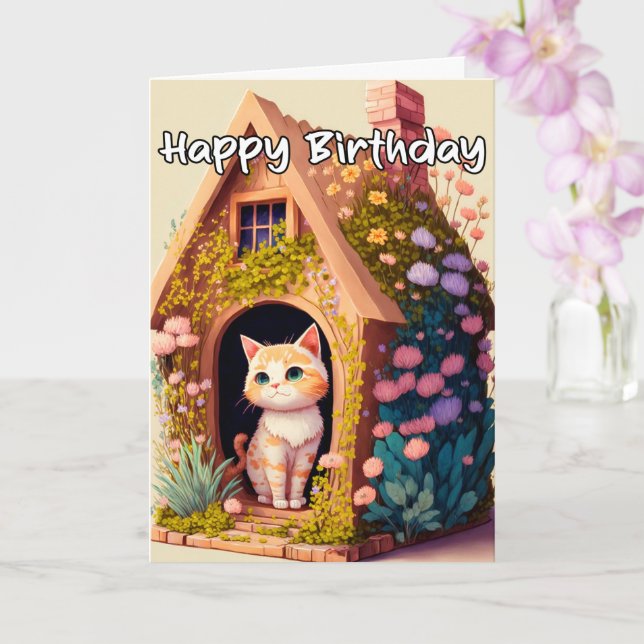 Artistic Posing Kitty Cat Illustration Card (Orchid)