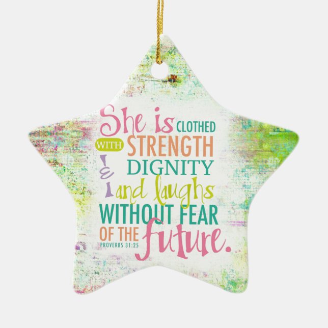 Artistic Proverbs 31:25 Ceramic Tree Decoration (Front)
