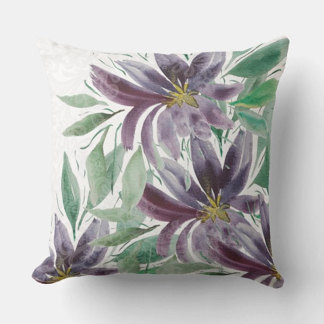 Artistic Purple Green Lotus Watercolor Cushion (Front)