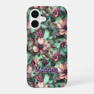 Artistic Purple Mint Stained Glass Floral Pattern iPhone 16 Case