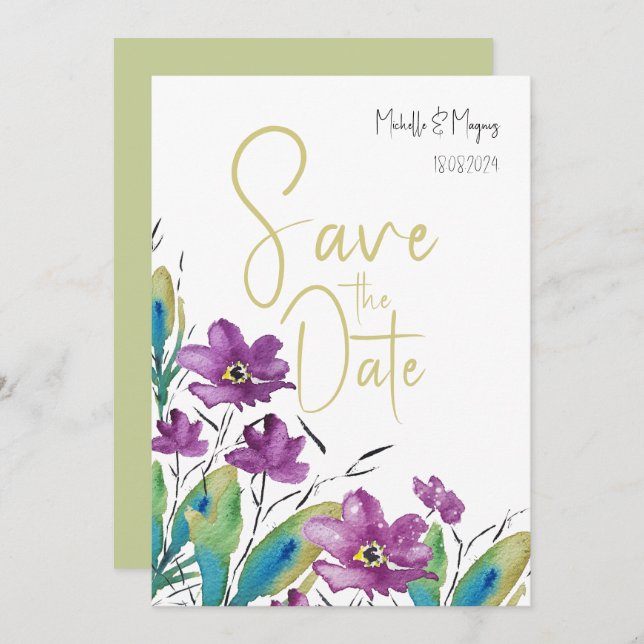 Artistic Purple Turquoise Wildflowers Watercolor Save The Date (Front/Back)
