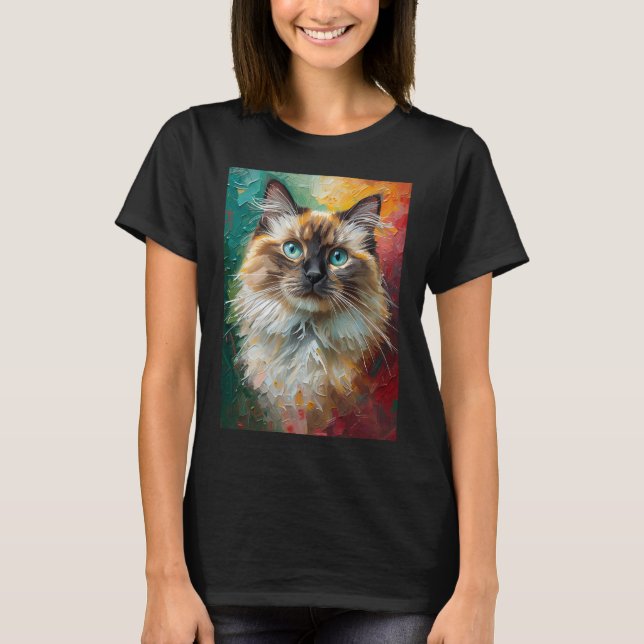Artistic Ragdoll Cat Portrait Vibrant Oil Painting T-Shirt (Front)