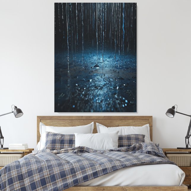 Artistic Rain Canvas – Abstract Silver  Blue Wall Print (Insitu(Bedroom))