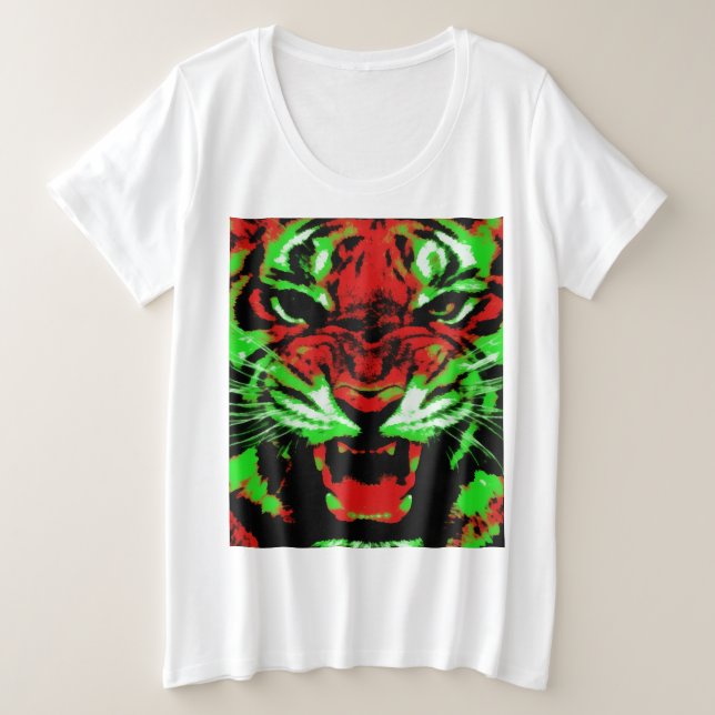 Artistic Red and Green Tiger Face Painting Plus Size T-Shirt (Design Front)