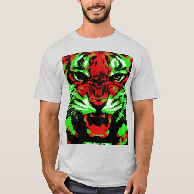 Artistic Red and Green Tiger Face Painting T-Shirt (Front)