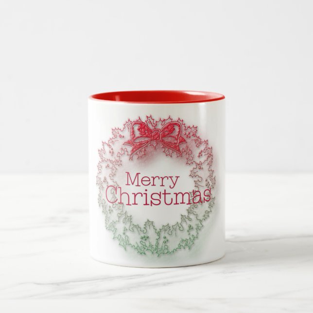 Artistic red green Christmas wreath coffee mug (Center)