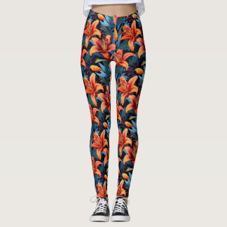 Artistic Red Tiger Lilly Flower Leggings