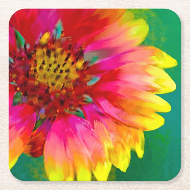 Artistic rendition of Indian Blanket flower Square Paper Coaster (Front)