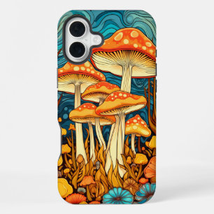 Artistic Retro Mushroom Forest Illustration iPhone 16 Plus Case