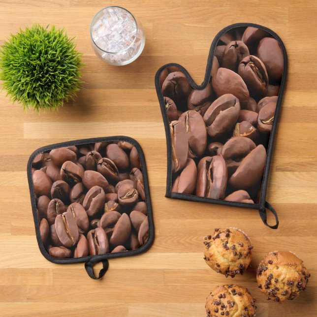 Artistic Roasted Coffee Beans Oven Mitt & Pot Holder Set (Top Down)