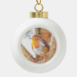 Artistic Robin Redbreast Perched Ceramic Ball Christmas Ornament