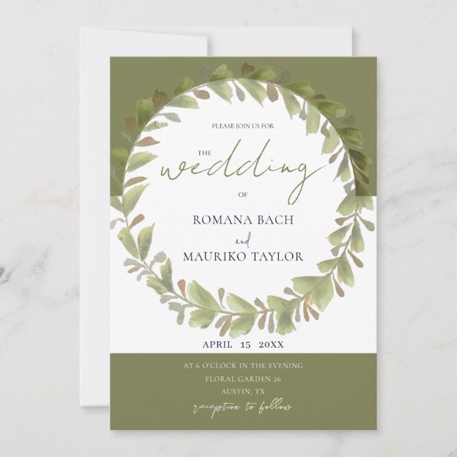 Artistic Romantic Green Wreath Invitation (Front)