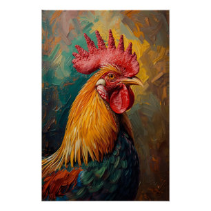Artistic Rooster Portrait Vibrant Oil Painting Poster